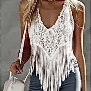 Women's White Lace Fringe V-neck Top. Size L. NWT.